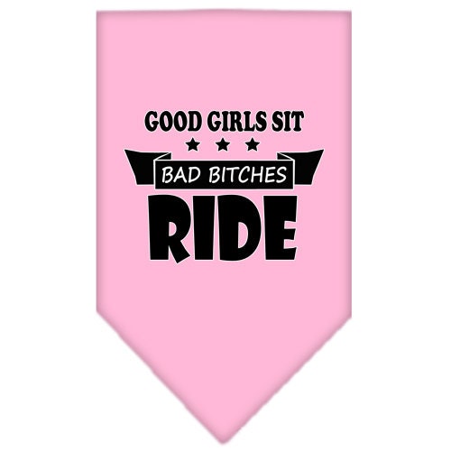 A stylish pet bandana featuring the phrase 'Bitches Ride', designed for dogs, available in two sizes, showcasing a fun and playful design.