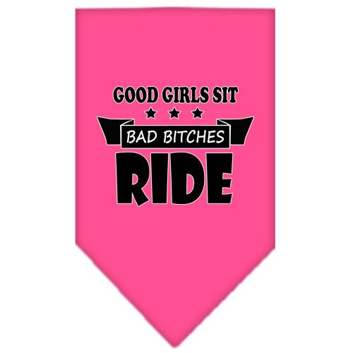 A stylish pet bandana featuring the phrase 'Bitches Ride', designed for dogs, available in two sizes, showcasing a fun and playful design.
