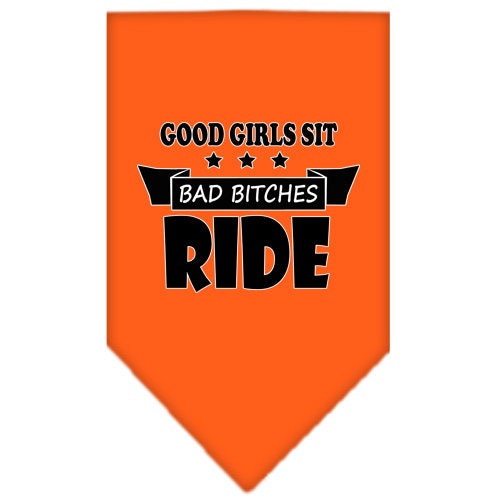 A stylish pet bandana featuring the phrase 'Bitches Ride', designed for dogs, available in two sizes, showcasing a fun and playful design.