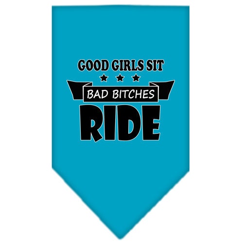 A stylish pet bandana featuring the phrase 'Bitches Ride', designed for dogs, available in two sizes, showcasing a fun and playful design.