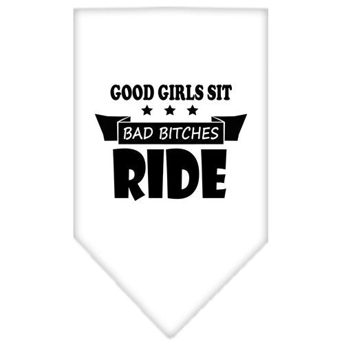 A stylish pet bandana featuring the phrase 'Bitches Ride', designed for dogs, available in two sizes, showcasing a fun and playful design.