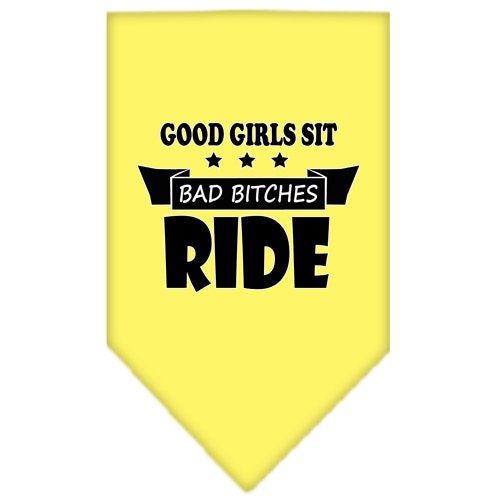 A stylish pet bandana featuring the phrase 'Bitches Ride', designed for dogs, available in two sizes, showcasing a fun and playful design.