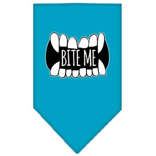 A stylish dog bandana featuring the phrase 'Bite Me', designed for pets with a tie-on style.