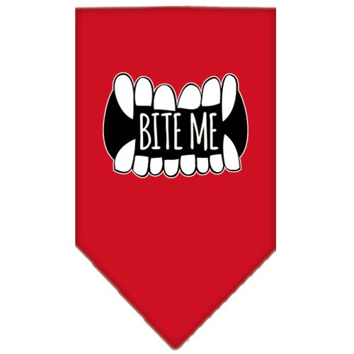 A stylish dog bandana featuring the phrase 'Bite Me', designed for pets with a tie-on style.
