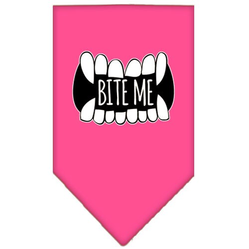 A stylish dog bandana featuring the phrase 'Bite Me', designed for pets with a tie-on style.