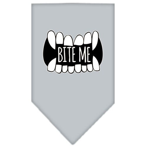 A stylish dog bandana featuring the phrase 'Bite Me', designed for pets with a tie-on style.
