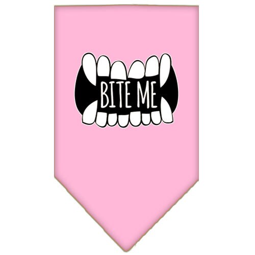 A stylish dog bandana featuring the phrase 'Bite Me', designed for pets with a tie-on style.