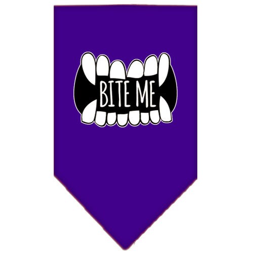 A stylish dog bandana featuring the phrase 'Bite Me', designed for pets with a tie-on style.