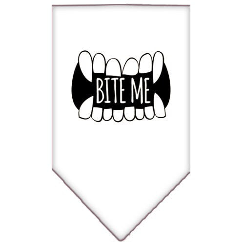 A stylish dog bandana featuring the phrase 'Bite Me', designed for pets with a tie-on style.