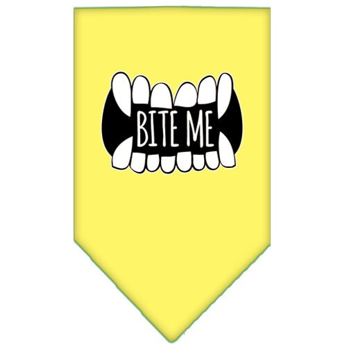 A stylish dog bandana featuring the phrase 'Bite Me', designed for pets with a tie-on style.