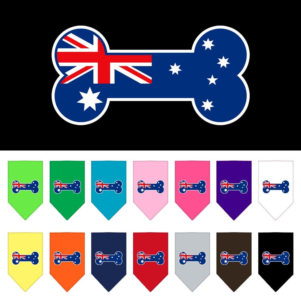 A stylish pet bandana featuring a bone-shaped design with the Australian flag print, perfect for dogs of all sizes.
