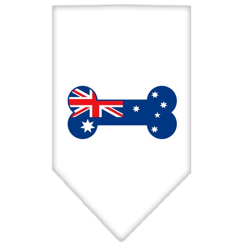 A stylish pet bandana featuring a bone-shaped design with the Australian flag print, perfect for dogs of all sizes.