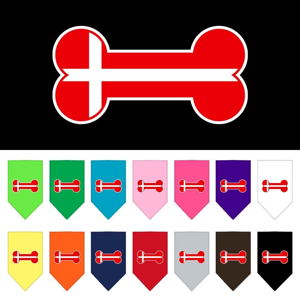 A stylish pet bandana featuring a bone-shaped Denmark flag design, perfect for dogs of all sizes.