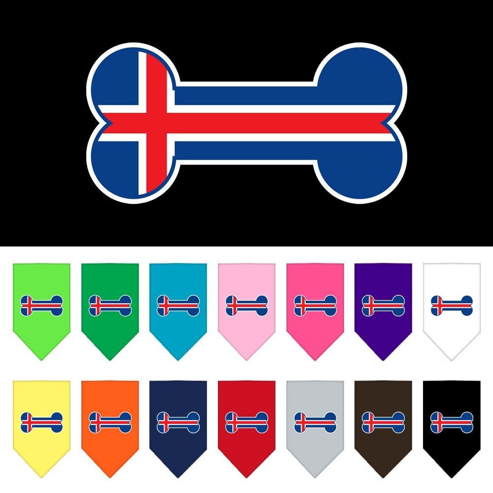 A stylish dog bandana featuring a bone-shaped Iceland flag design, perfect for pets of all sizes.