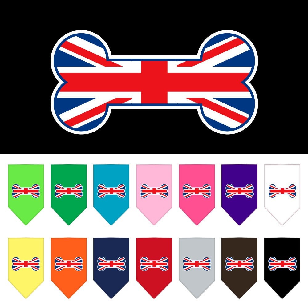 A stylish pet bandana featuring a bone-shaped UK flag design, perfect for dogs of all sizes.