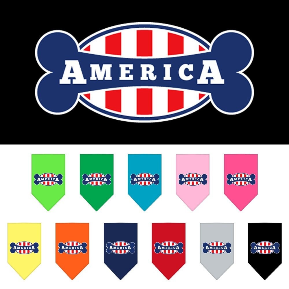 A stylish dog bandana featuring the phrase 'Bonely In America', designed for comfort and style, available in small and large sizes.