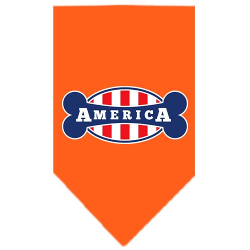 A stylish dog bandana featuring the phrase 'Bonely In America', designed for comfort and style, available in small and large sizes.