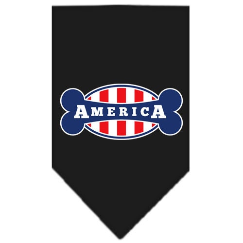 A stylish dog bandana featuring the phrase 'Bonely In America', designed for comfort and style, available in small and large sizes.