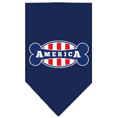 A stylish dog bandana featuring the phrase 'Bonely In America', designed for comfort and style, available in small and large sizes.
