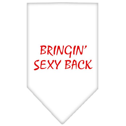 A stylish pet bandana featuring the phrase 'Bringin Sexy Back', designed for dogs, available in small and large sizes.