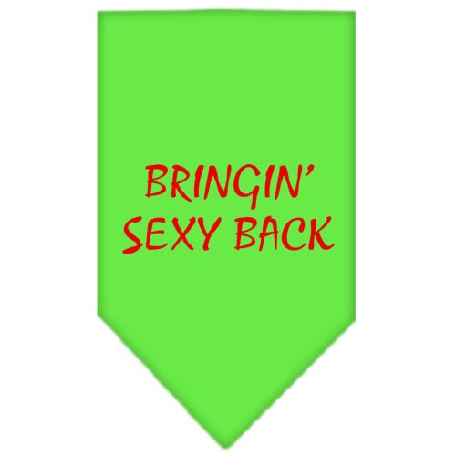 A stylish pet bandana featuring the phrase 'Bringin Sexy Back', designed for dogs, available in small and large sizes.
