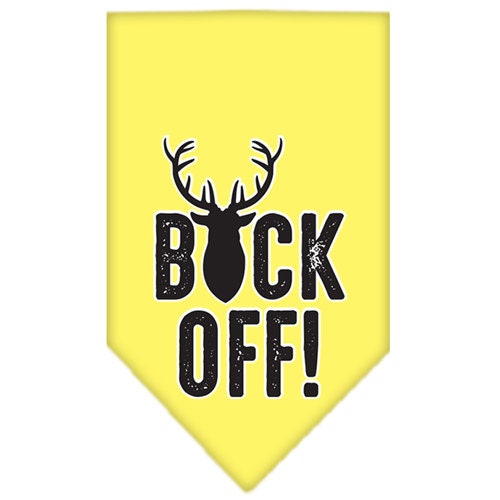 A stylish dog bandana featuring the phrase 'Buck Off', designed for comfort and style, available in two sizes.