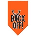 A stylish dog bandana featuring the phrase 'Buck Off', designed for comfort and style, available in two sizes.