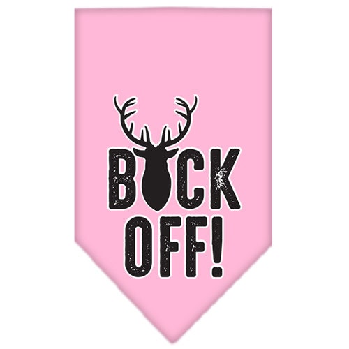 A stylish dog bandana featuring the phrase 'Buck Off', designed for comfort and style, available in two sizes.
