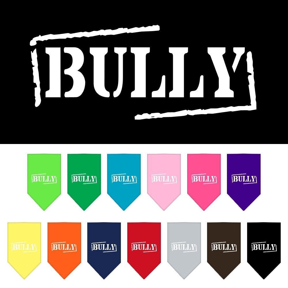 A stylish dog bandana featuring a screen printed 'Bully' design, available in small and large sizes, perfect for any dog breed.