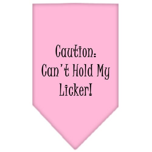 A colorful pet bandana featuring the phrase 'Caution: Can't Hold My Licker', designed for dogs, showcasing a fun and playful style.