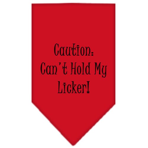 A colorful pet bandana featuring the phrase 'Caution: Can't Hold My Licker', designed for dogs, showcasing a fun and playful style.