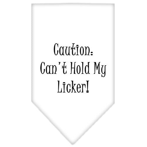 A colorful pet bandana featuring the phrase 'Caution: Can't Hold My Licker', designed for dogs, showcasing a fun and playful style.