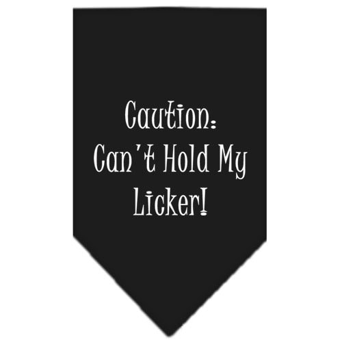 A colorful pet bandana featuring the phrase 'Caution: Can't Hold My Licker', designed for dogs, showcasing a fun and playful style.