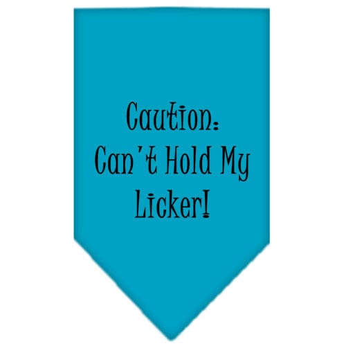 A colorful pet bandana featuring the phrase 'Caution: Can't Hold My Licker', designed for dogs, showcasing a fun and playful style.