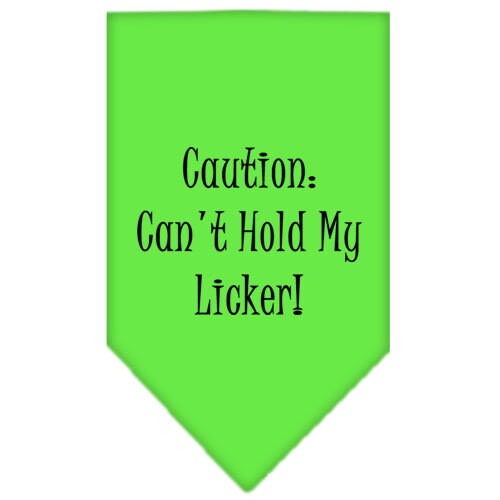 A colorful pet bandana featuring the phrase 'Caution: Can't Hold My Licker', designed for dogs, showcasing a fun and playful style.