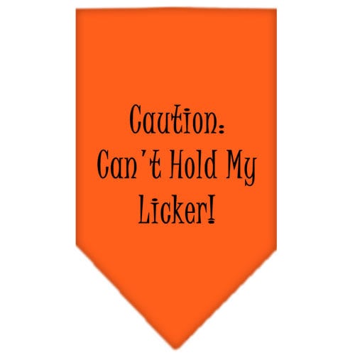 A colorful pet bandana featuring the phrase 'Caution: Can't Hold My Licker', designed for dogs, showcasing a fun and playful style.