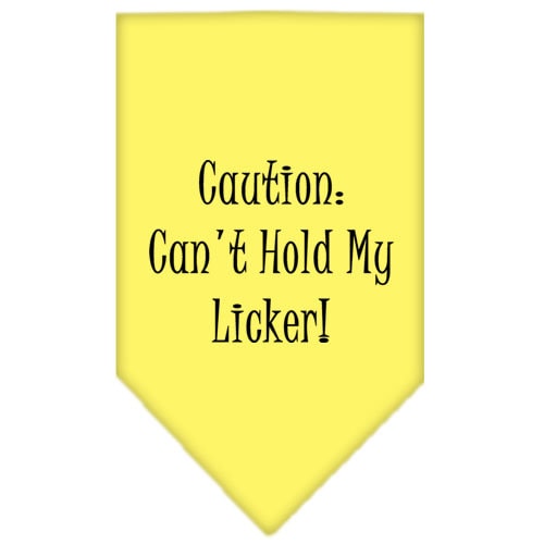A colorful pet bandana featuring the phrase 'Caution: Can't Hold My Licker', designed for dogs, showcasing a fun and playful style.