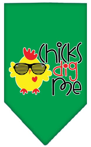 A stylish pet bandana featuring the phrase 'Chicks Dig Me', designed for dogs of all sizes, showcasing its vibrant print and tie-on style.