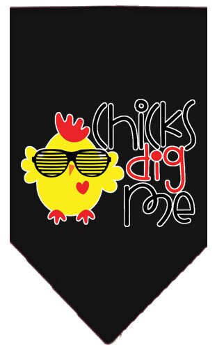 A stylish pet bandana featuring the phrase 'Chicks Dig Me', designed for dogs of all sizes, showcasing its vibrant print and tie-on style.