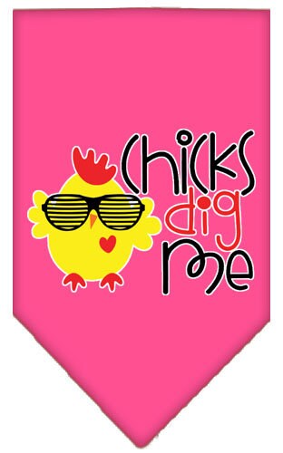 A stylish pet bandana featuring the phrase 'Chicks Dig Me', designed for dogs of all sizes, showcasing its vibrant print and tie-on style.