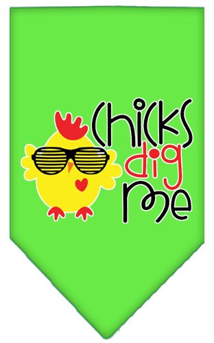 A stylish pet bandana featuring the phrase 'Chicks Dig Me', designed for dogs of all sizes, showcasing its vibrant print and tie-on style.