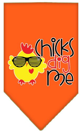 A stylish pet bandana featuring the phrase 'Chicks Dig Me', designed for dogs of all sizes, showcasing its vibrant print and tie-on style.