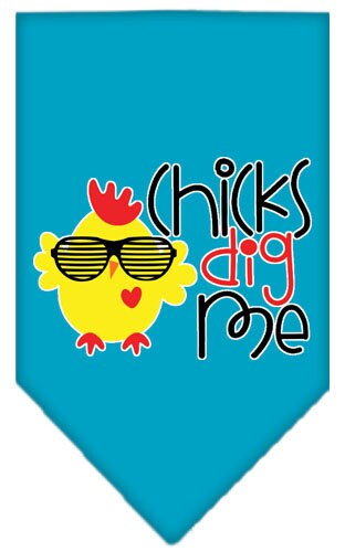 A stylish pet bandana featuring the phrase 'Chicks Dig Me', designed for dogs of all sizes, showcasing its vibrant print and tie-on style.