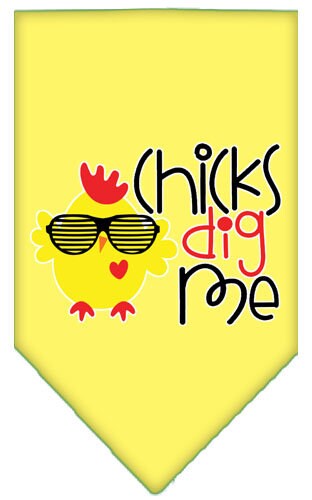 A stylish pet bandana featuring the phrase 'Chicks Dig Me', designed for dogs of all sizes, showcasing its vibrant print and tie-on style.
