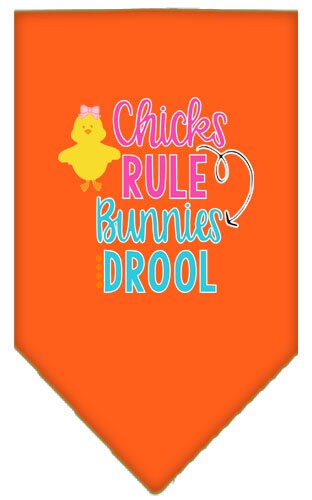 A colorful pet bandana featuring the phrase 'Chicks Rule, Bunnies Drool', designed for dogs, showcasing a fun and stylish look.