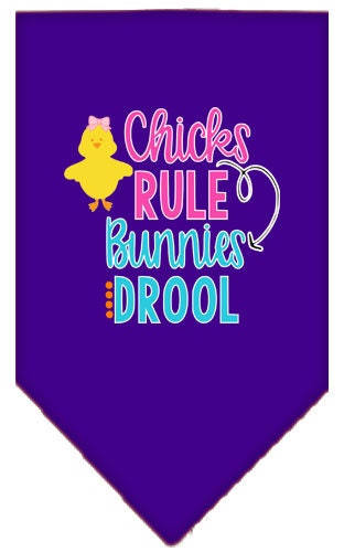 A colorful pet bandana featuring the phrase 'Chicks Rule, Bunnies Drool', designed for dogs, showcasing a fun and stylish look.