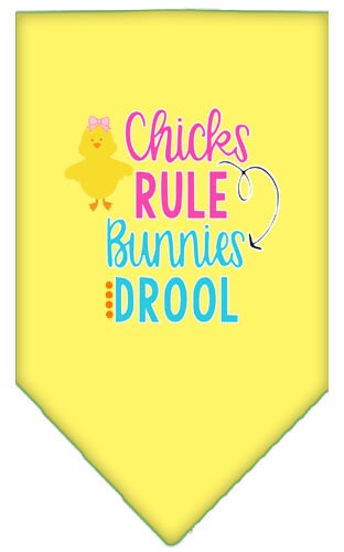 A colorful pet bandana featuring the phrase 'Chicks Rule, Bunnies Drool', designed for dogs, showcasing a fun and stylish look.