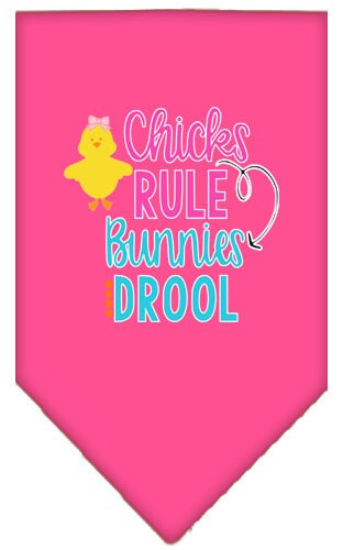 A colorful pet bandana featuring the phrase 'Chicks Rule, Bunnies Drool', designed for dogs, showcasing a fun and stylish look.
