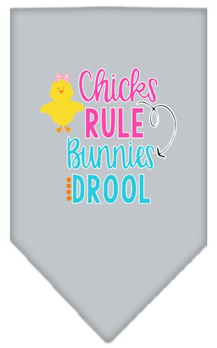 A colorful pet bandana featuring the phrase 'Chicks Rule, Bunnies Drool', designed for dogs, showcasing a fun and stylish look.