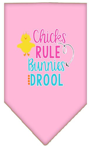 A colorful pet bandana featuring the phrase 'Chicks Rule, Bunnies Drool', designed for dogs, showcasing a fun and stylish look.
